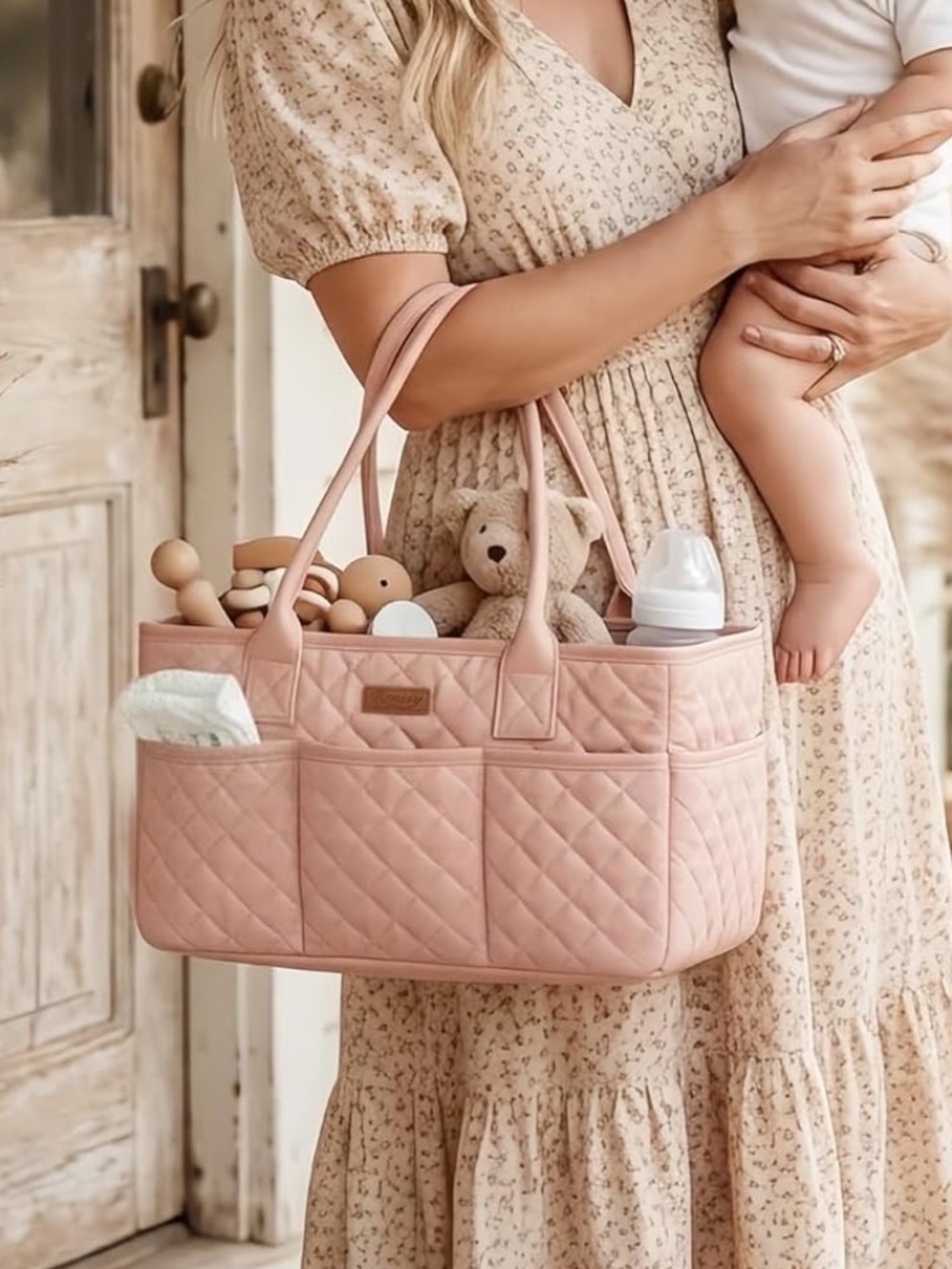 Pink Quilted Diaper Bag Caddy Organizer Vegan Leather Handles